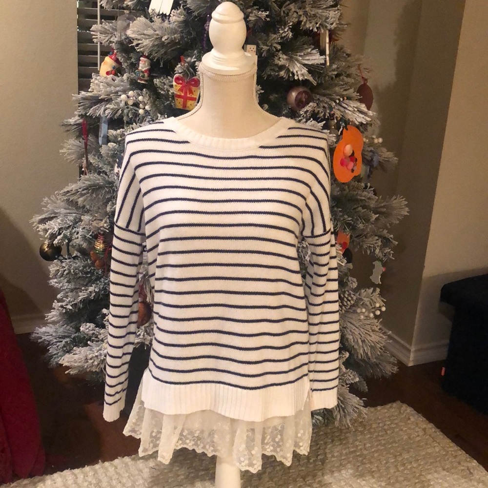 Stripe Sweater with Lace Trim
